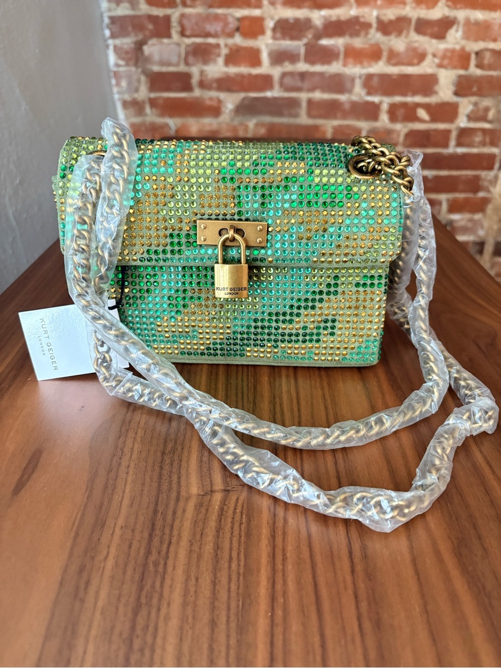 NWT Kurt Geiger Mini Brixton Crystal Crossbody Green Gold